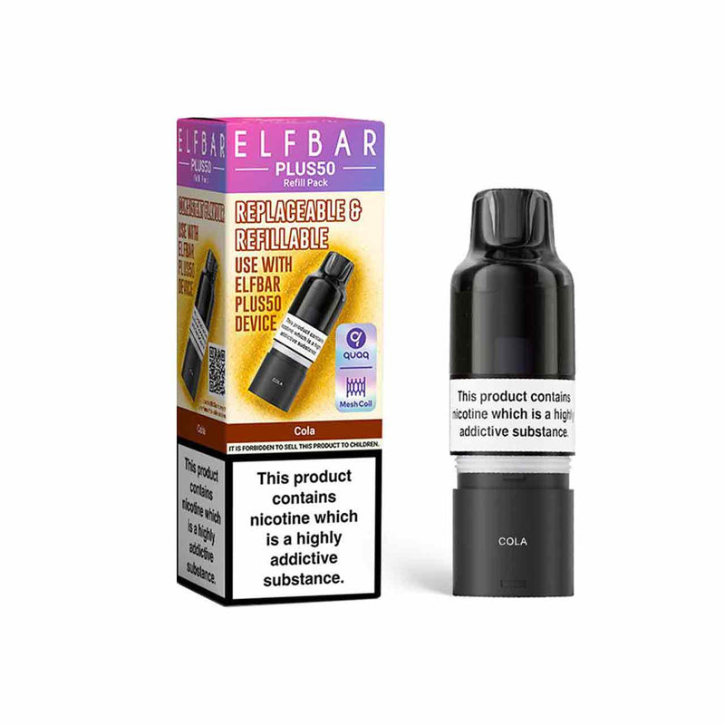 Elf Bar Plus 50 refill pod and packaging white background cola