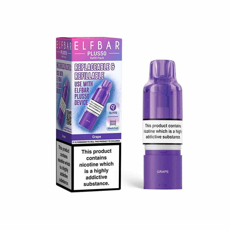 Elf Bar Plus 50 refill pod and packaging white background grape