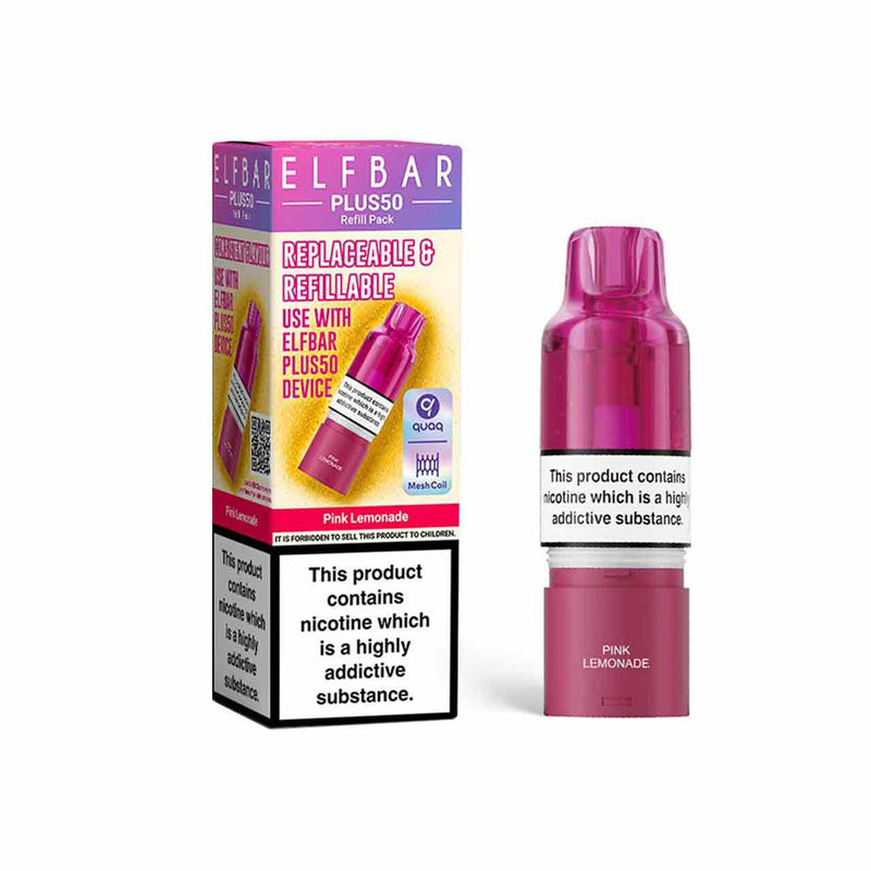 Elf Bar Plus 50 refill pod and packaging white background pink lemonade