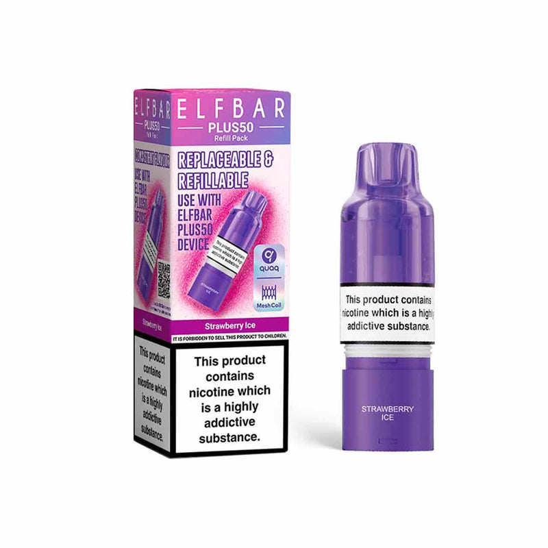 Elf Bar Plus 50 refill pod and packaging white background strawberry ice