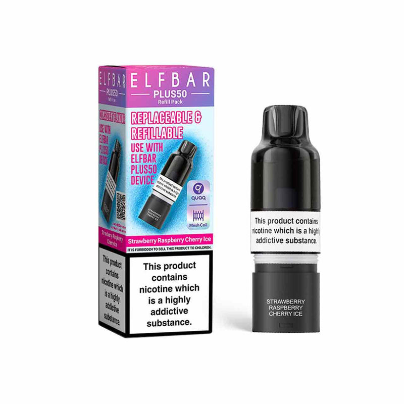 Elf Bar Plus 50 refill pod and packaging white background strawberry raspberry cherry ice