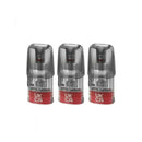 Three transparent vape pods with red bases on a white background