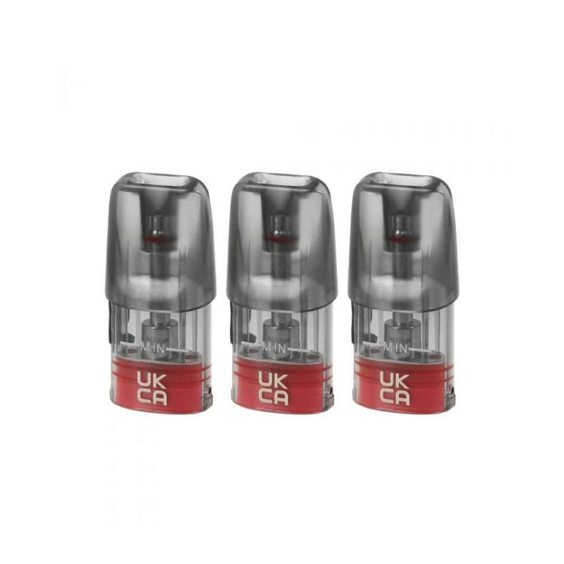 Three transparent vape pods with red bases on a white background