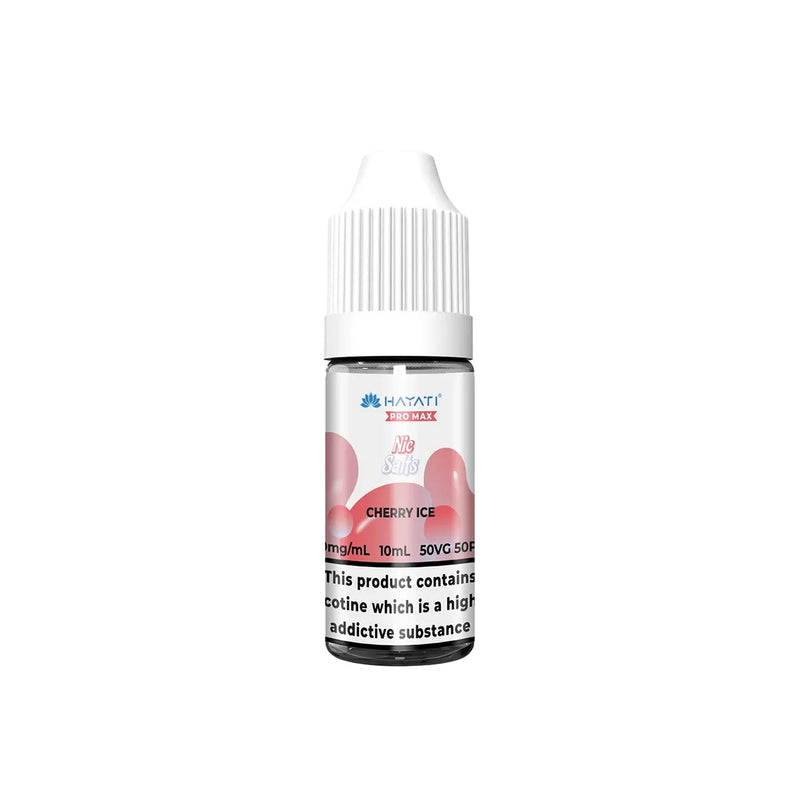 Hayati Pro Max vape juice bottle with cherry ice flavour on a white background