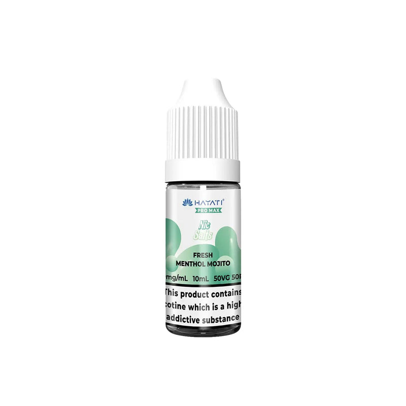 Hayati Pro Max vape juice bottle with fresh menthol mojito flavour on a white background