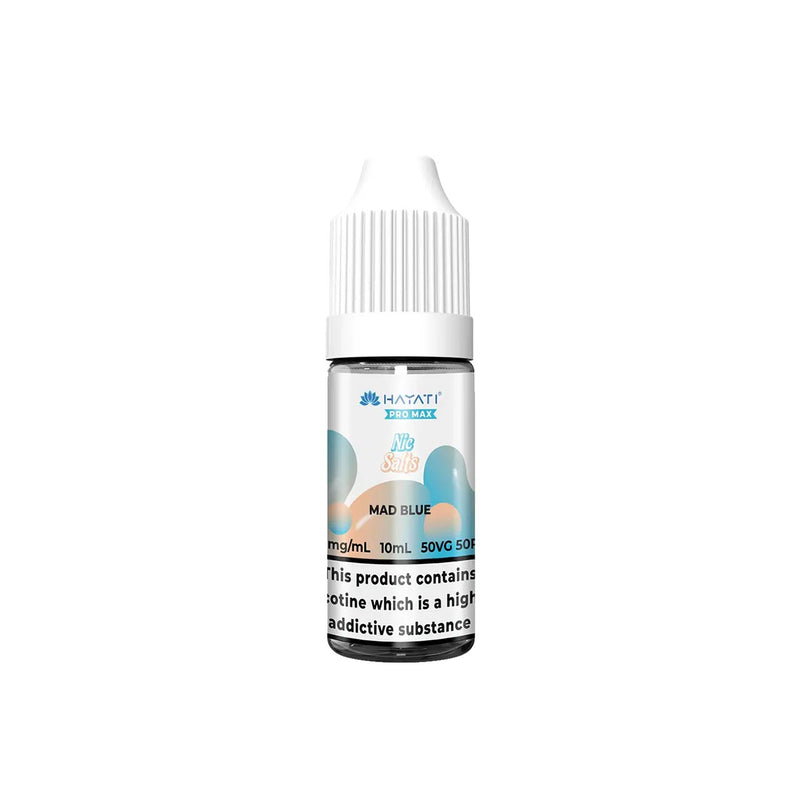 Hayati Pro Max vape juice bottle with mad blue flavour on a white background