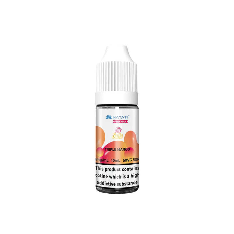 Hayati Pro Max vape juice bottle with triple mango flavour on a white background