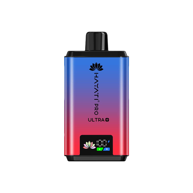 Hayati Pro Ultra Plus gradient blue to red vape device with 'Hayati Pro Ultra' branding on a white background