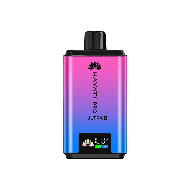 Hayati Pro Ultra Plus gradient pink to blue vape device with 'Hayati Pro Ultra' branding on a white background