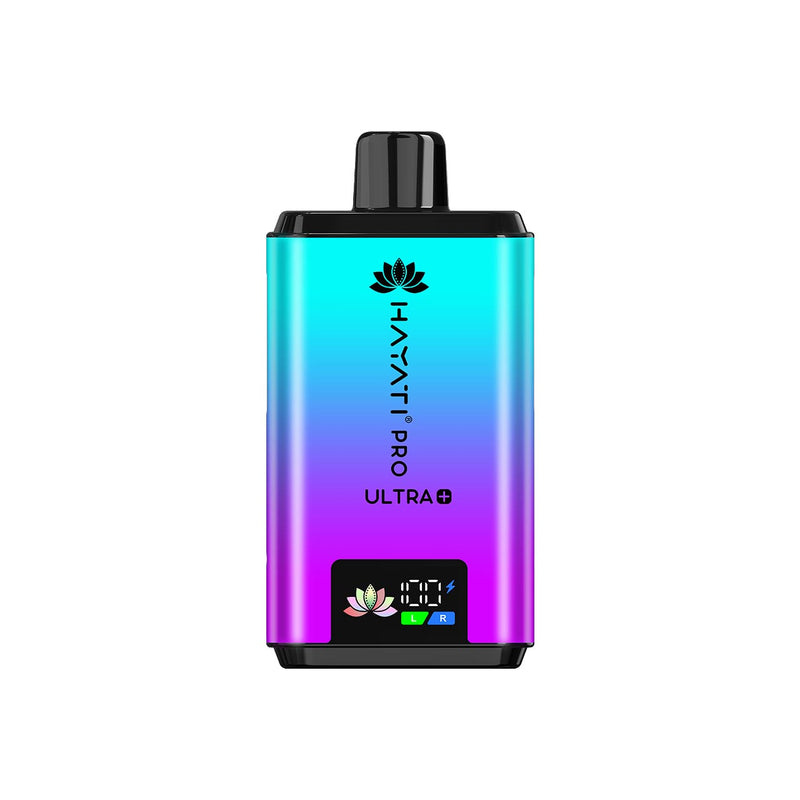 Hayati Pro Ultra Plus gradient blue to purple vape device with 'Hayati Pro Ultra' branding on a white background