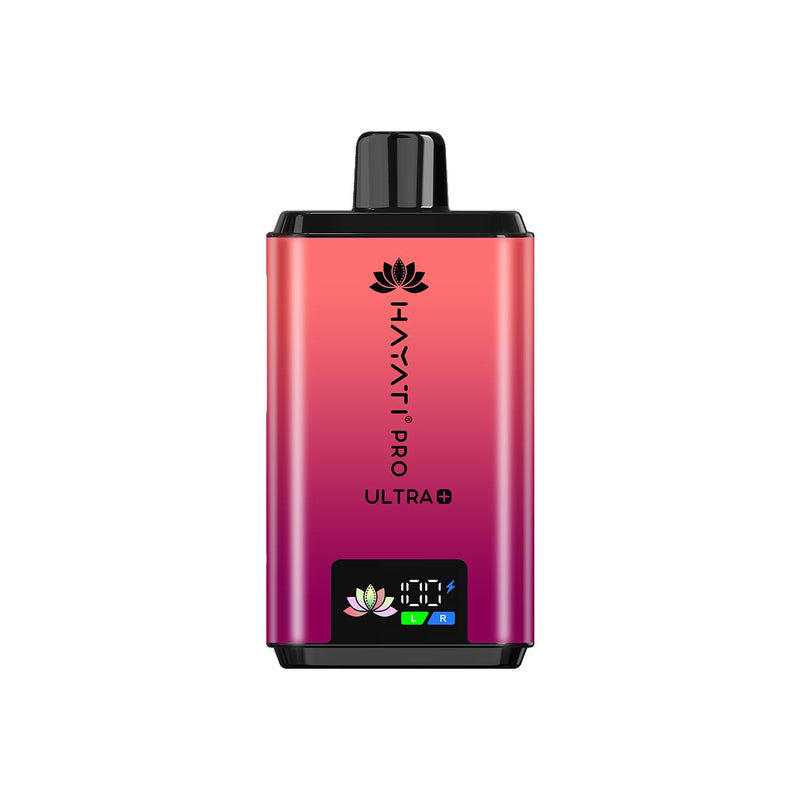 Hayati Pro Ultra Plus vape device with a gradient pink to red design on a white background