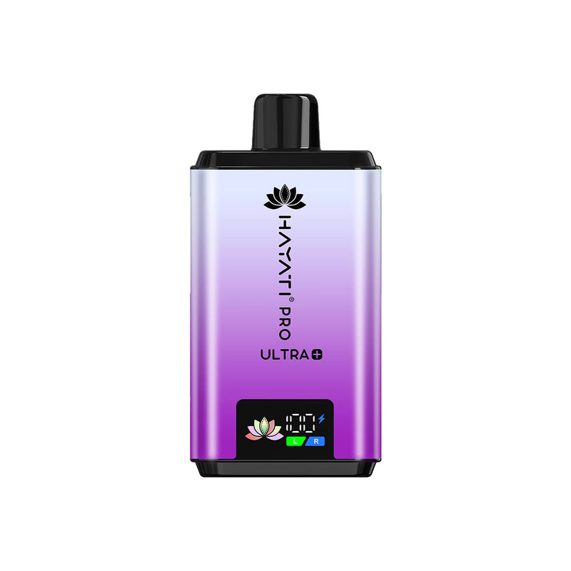 Hayati Pro Ultra Plus vape device with a gradient purple and black design on a white background