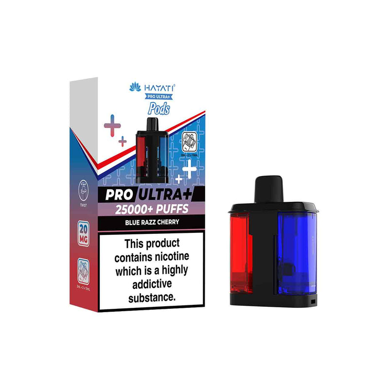 Hayati Pro Ultra Plus Refill Pack and Packaging Blue Razz GB White Background