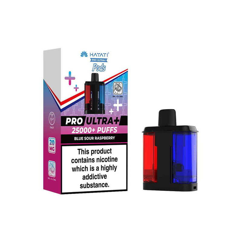 Hayati Pro Ultra Plus Refill Pack and Packaging Blue Sour Raspberry White Background