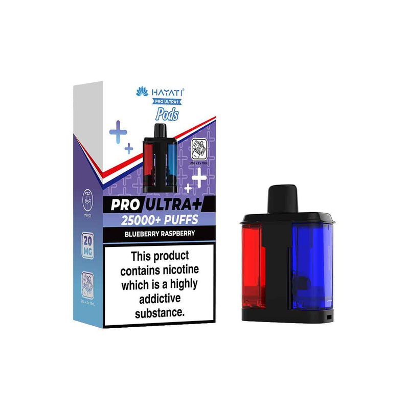 Hayati Pro Ultra Plus Refill Pack and Packaging Blueberry Raspberry White Background
