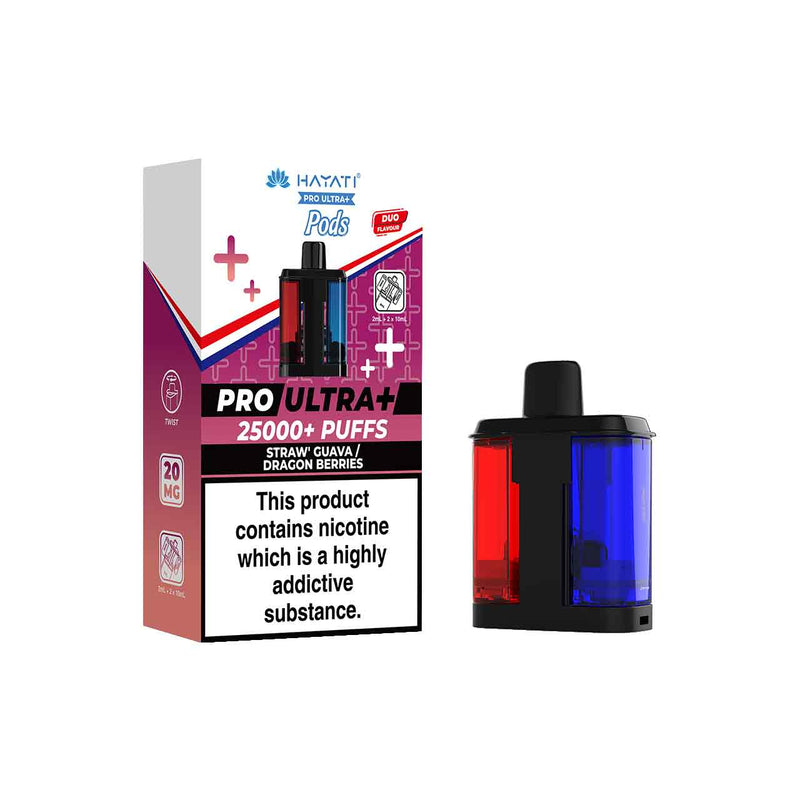 Hayati Pro Ultra Plus Refill Pack and Packaging Strawberry Guava/Dragon Berries White Background