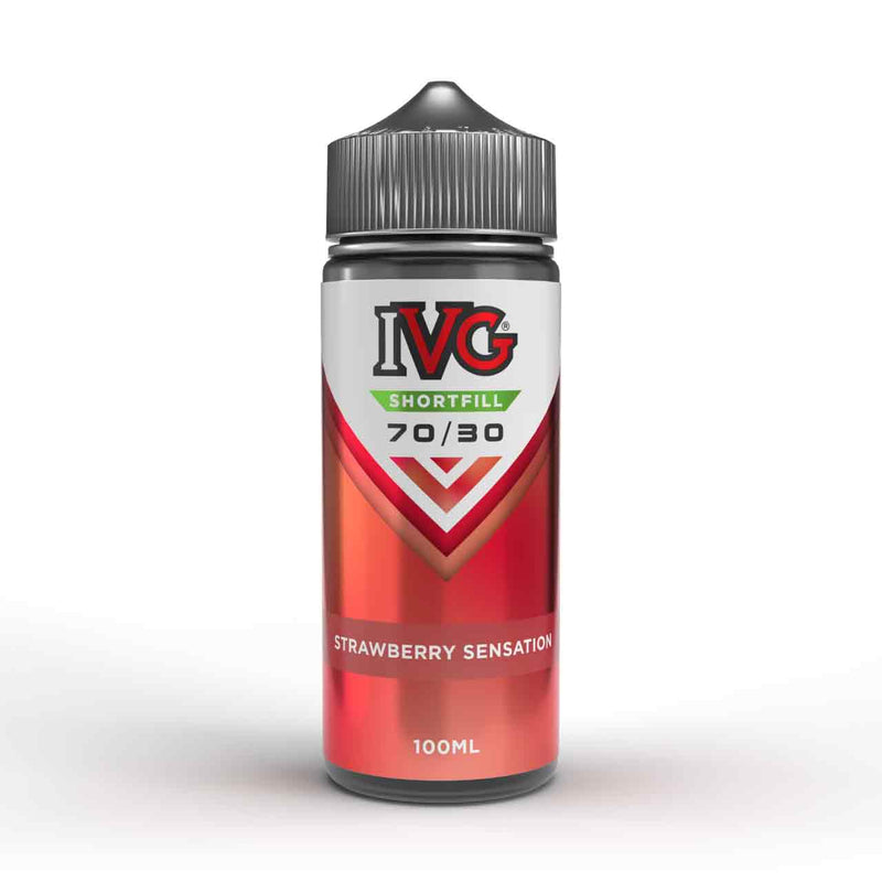 IVG Strawberry Sensation shortfill e-liquid bottle on a white background