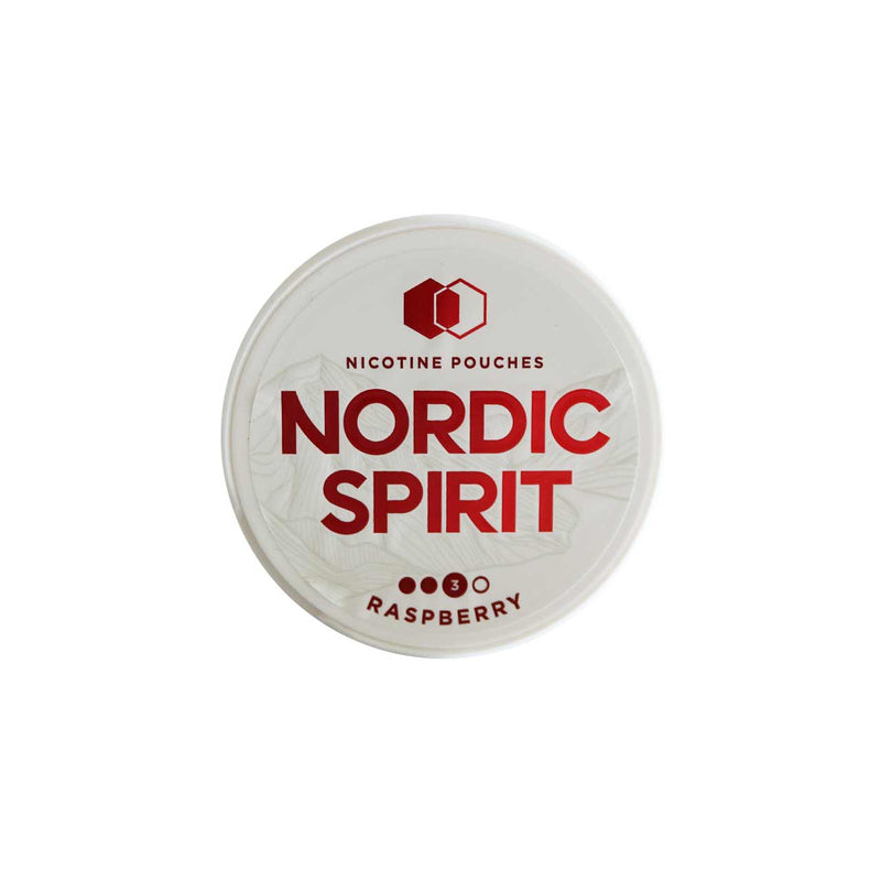 Nordic Spirit Raspberry nicotine pouches packaging on a white background