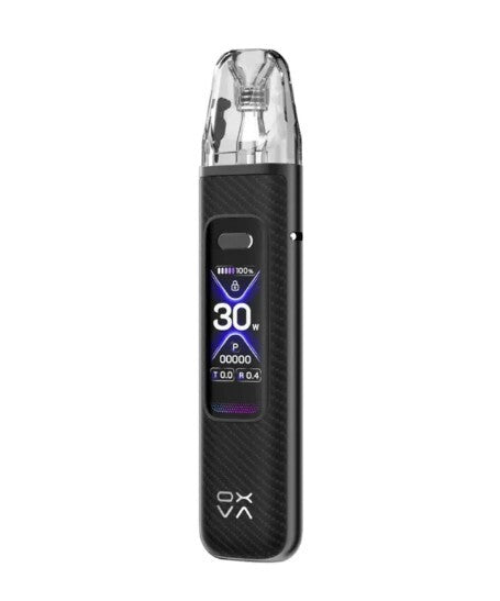 Black carbon Oxva Xlim Pro 3 vape device with digital display on a white background
