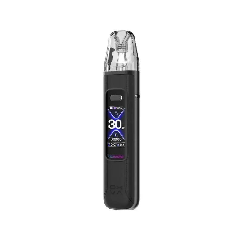 Black leather Oxva Xlim Pro 3 vape device with digital display on a white background
