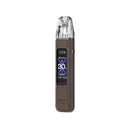 Brown leather Oxva Xlim Pro 3 vape device with digital display on a white background