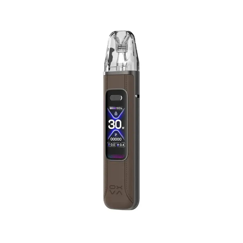 Brown leather Oxva Xlim Pro 3 vape device with digital display on a white background
