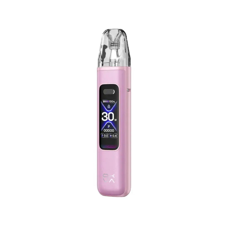 Pink silk Oxva Xlim Pro 3 vape device with digital display on a white background