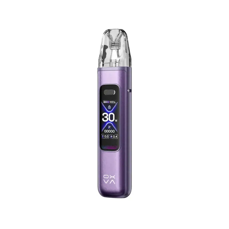 Purple silk Oxva Xlim Pro 3 vape device with digital display on a white background