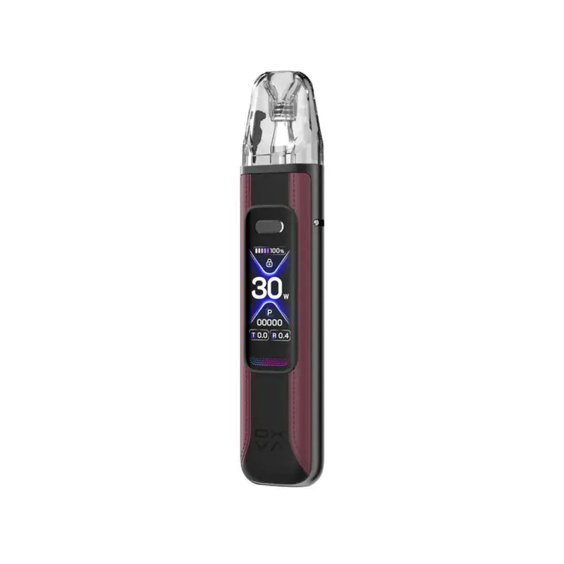 Race red Oxva Xlim Pro 3 vape device with digital display on a white background