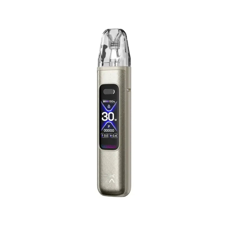 Titanium silk Oxva Xlim Pro 3 vape device with digital display on a white background
