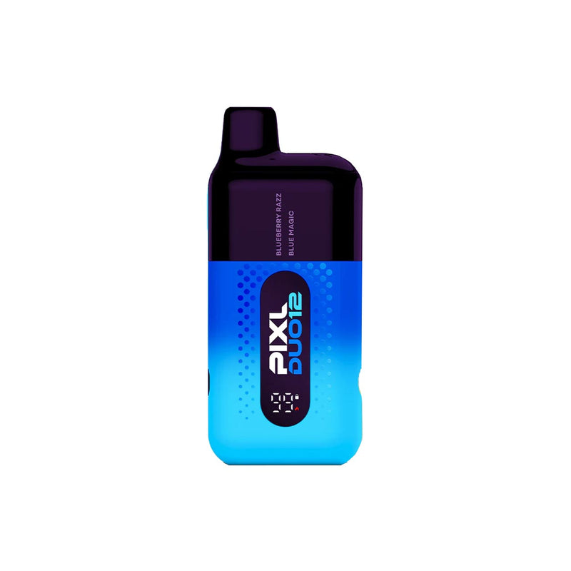 Blue and purple Pixl Duo 12 vaping device on a white background
