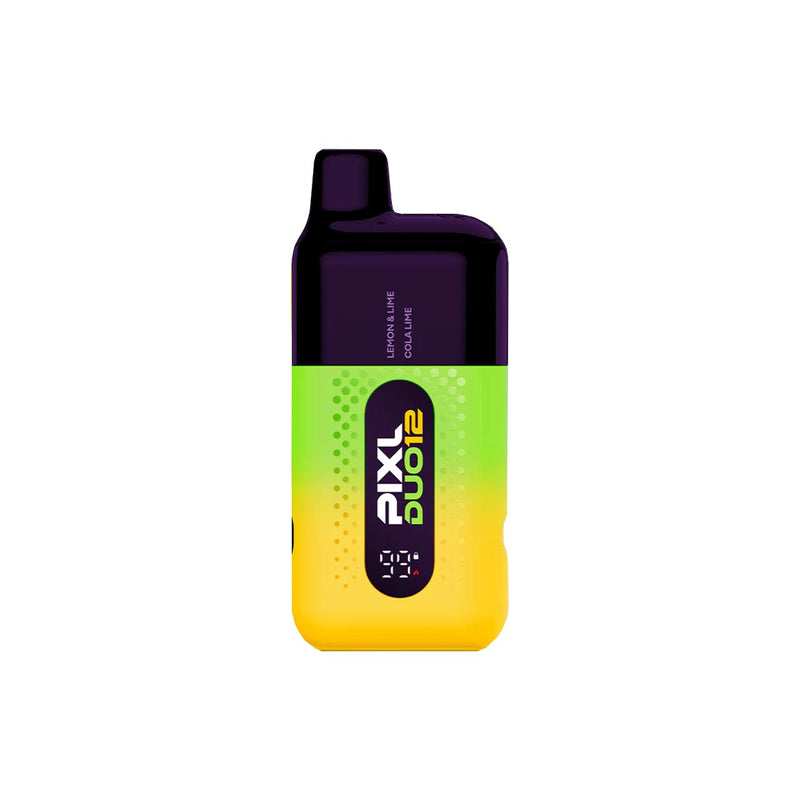 Yellow and green Pixl Duo 12 vaping device on a white background
