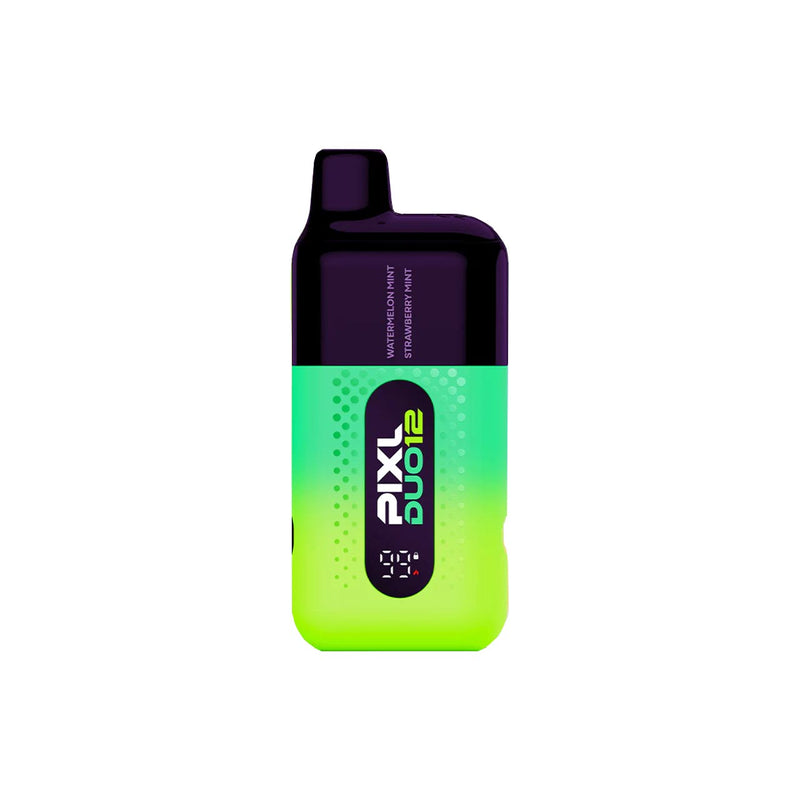 Green and yellow Pixl Duo 12 vaping device on a white background
