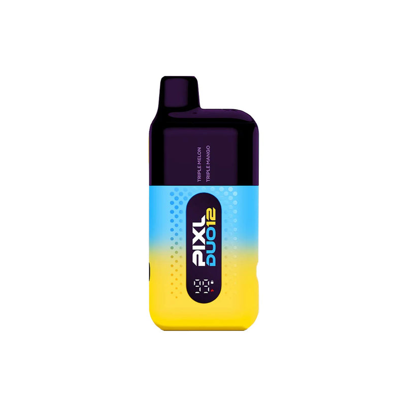 Blue and yellow Pixl Duo 12 vaping device on a white background