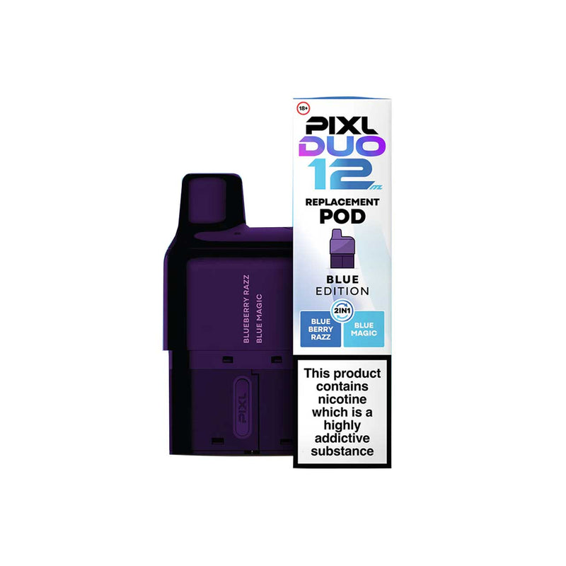 Blue edition Pixl Duo 12 replacement pod with packaging on a white background