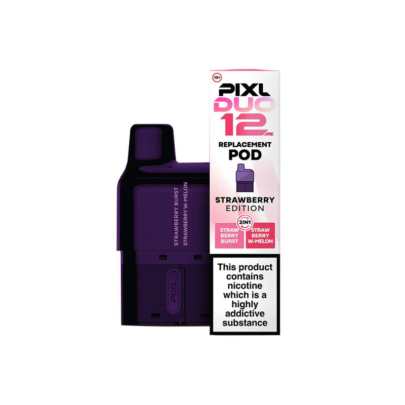 Strawberry edition Pixl Duo 12 replacement pod with packaging on a white background