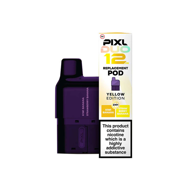 Yellow edition Pixl Duo 12 replacement pod with packaging on a white background