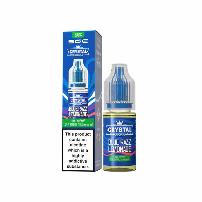 Ske Crystal Salts Blue Razz Lemonade vape juice bottle and packaging on a white background