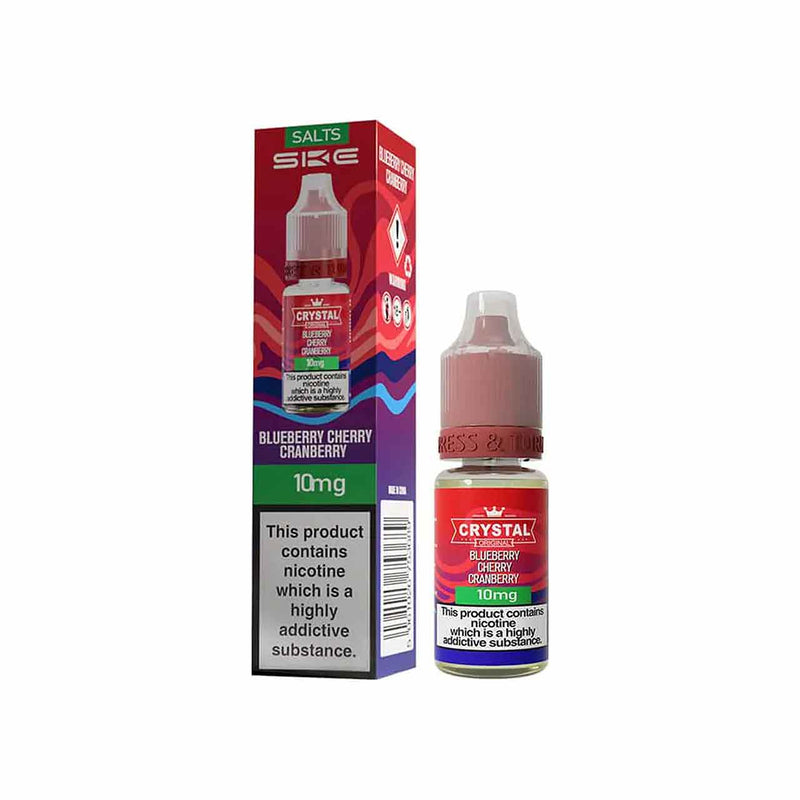 Ske Crystal Salts Blueberry Cherry Cranberry vape juice bottle and packaging on a white background