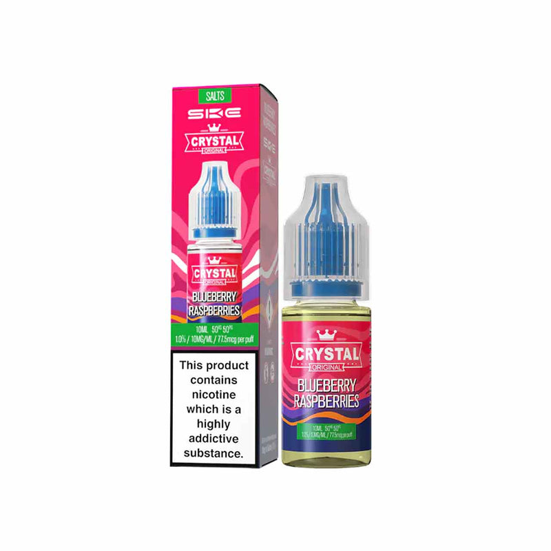 Ske Crystal Salts Blueberry Raspberries vape juice bottle and packaging on a white background