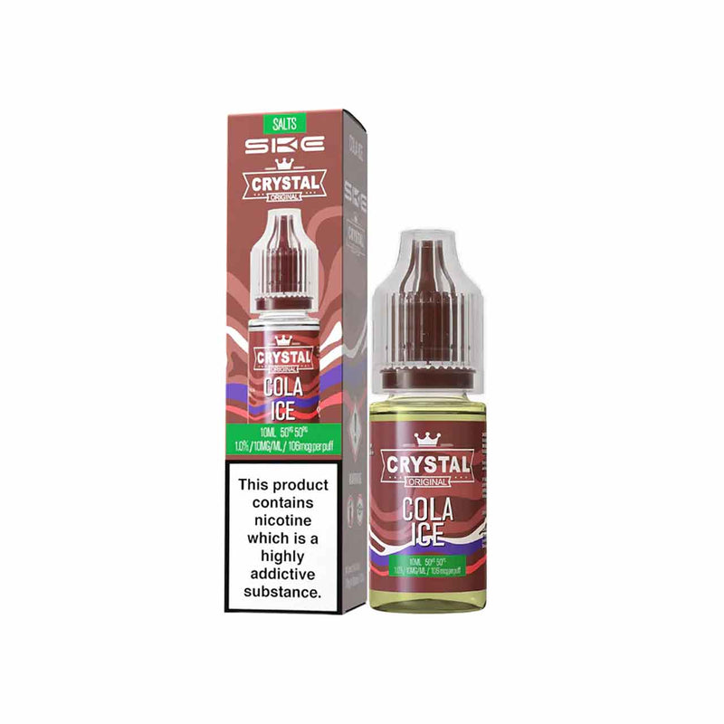 Ske Crystal Salts Cola Ice vape juice bottle and packaging on a white background