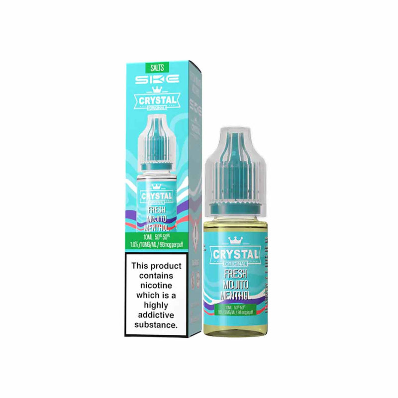 Ske Crystal Salts Fresh Mojito Menthol vape juice bottle and packaging on a white background