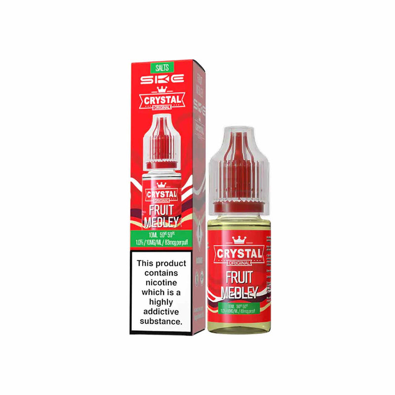 Ske Crystal Salts Fruit Medley vape juice bottle and packaging on a white background