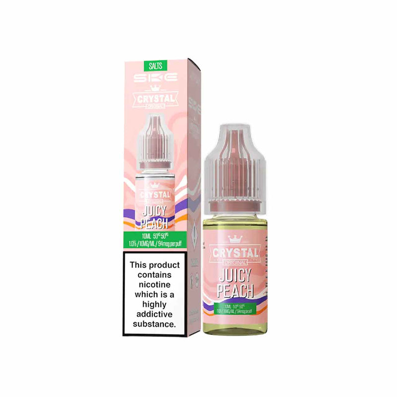 Ske Crystal Salts Juicy Peach vape juice bottle and packaging on a white background