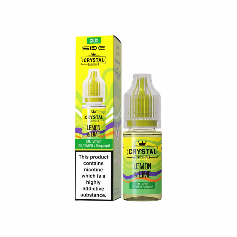 Ske Crystal Salts Lemon and Lime vape juice bottle and packaging on a white background