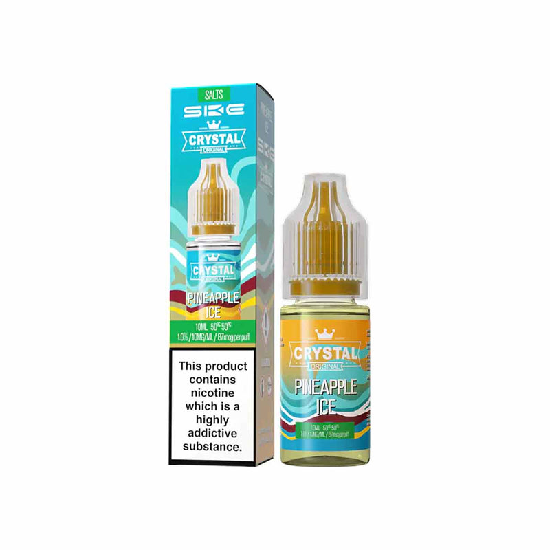 Ske Crystal Salts Pineapple Ice vape juice bottle and packaging on a white background