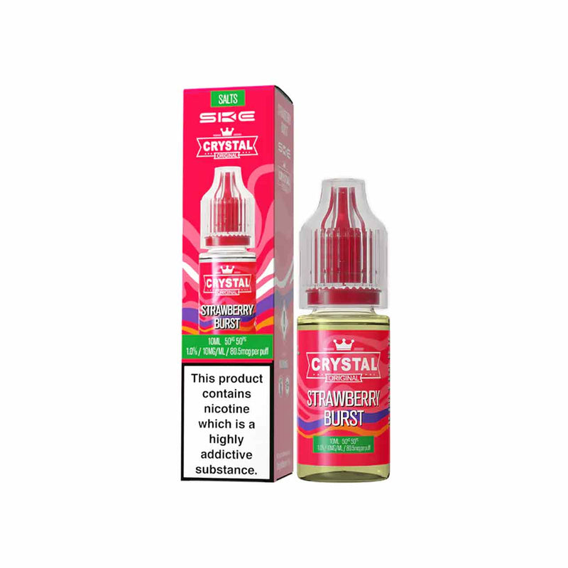 Ske Crystal Salts Strawberry Burst vape juice bottle and packaging on a white background
