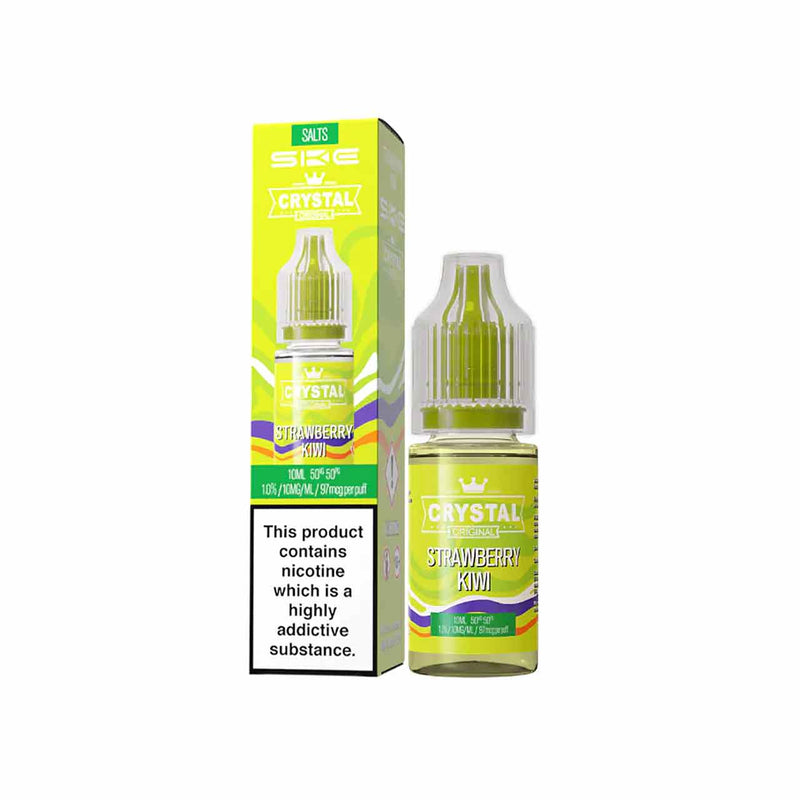 Ske Crystal Salts Strawberry Kiwi vape juice bottle and packaging on a white background
