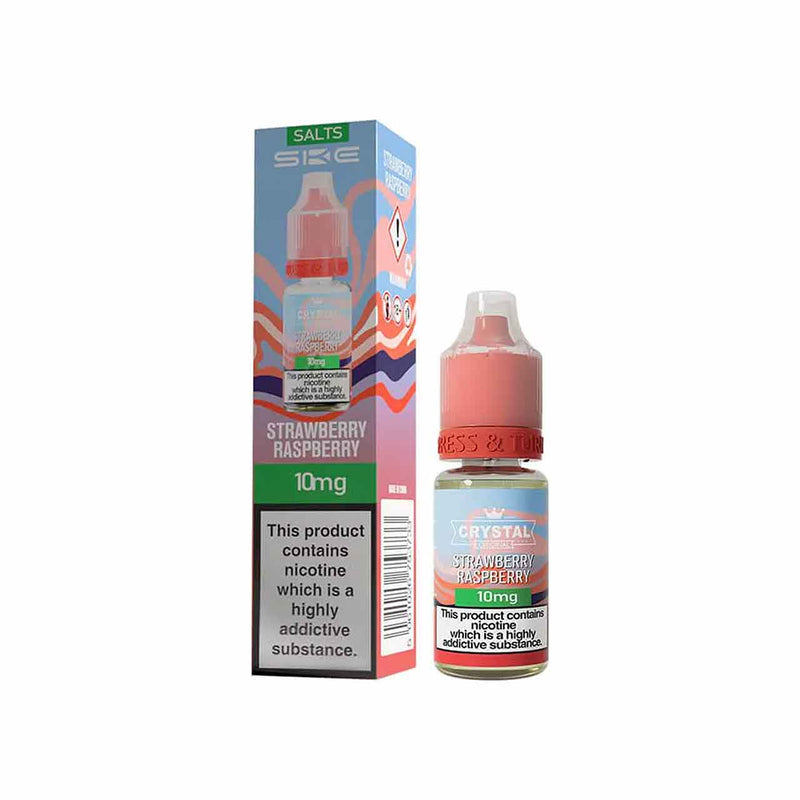 Ske Crystal Salts Strawberry Raspberry vape juice bottle and packaging on a white background
