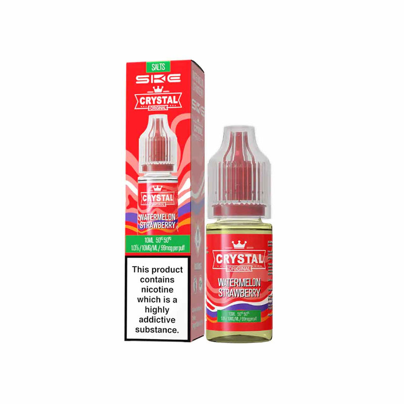 Ske Crystal Salts Watermelon Strawberry vape juice bottle and packaging on a white background